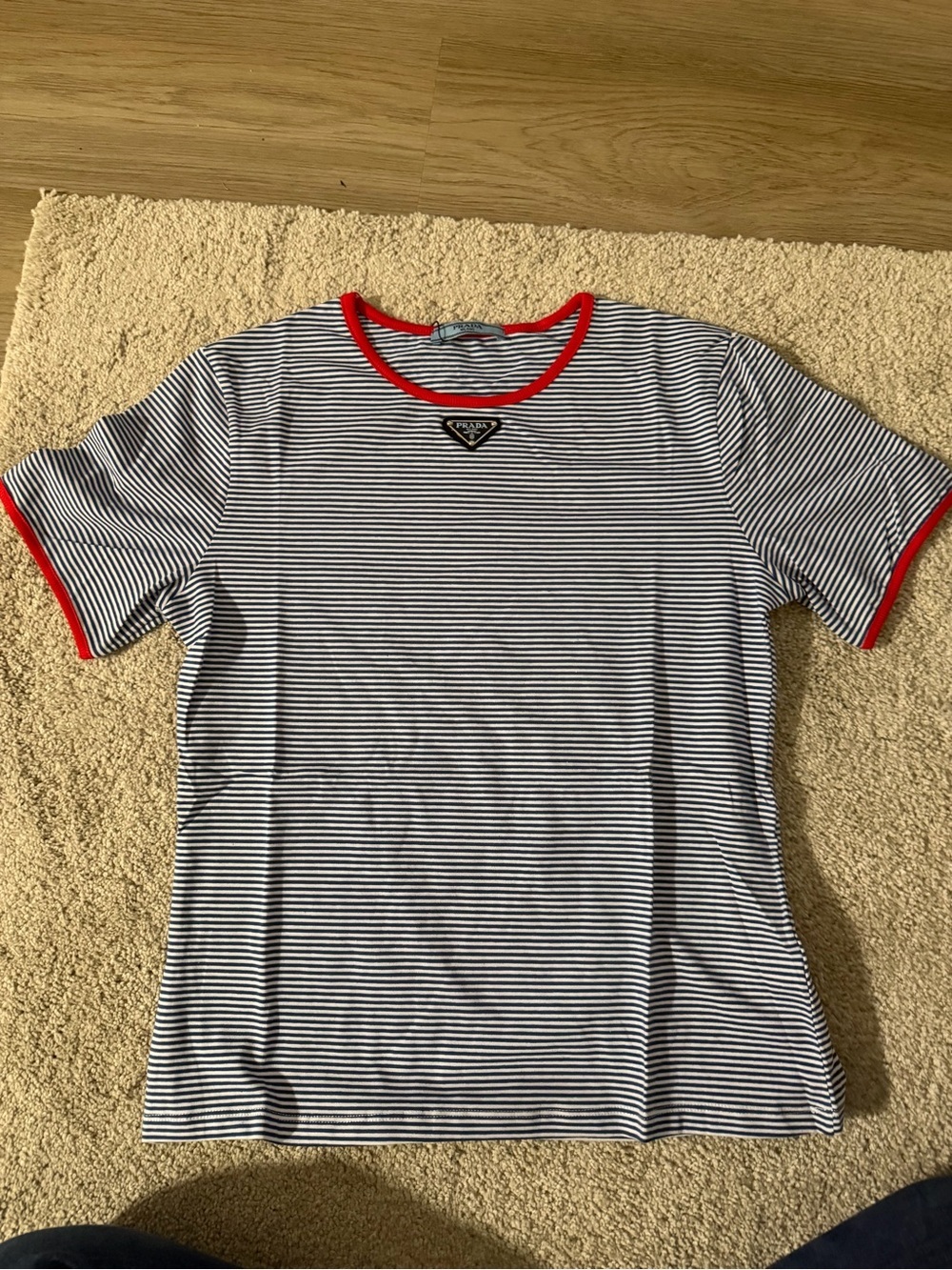 Prada Navy and White Striped Short Sleeve Tee with Red Trim